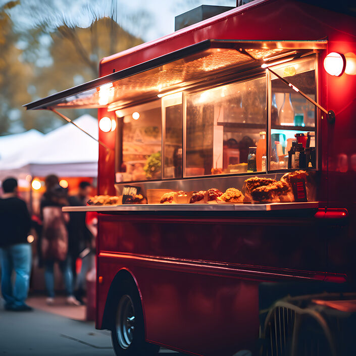 red food truck with window open and lights on